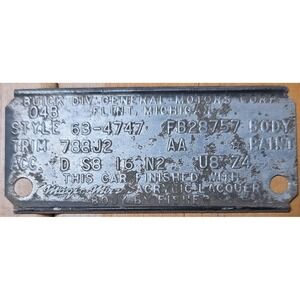 1963 Buick Data Plate Fender Tag
